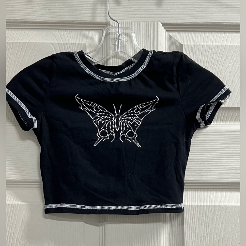 Shein Girls Black Butterfly Cropped Top - Size 10/11 - VGUC